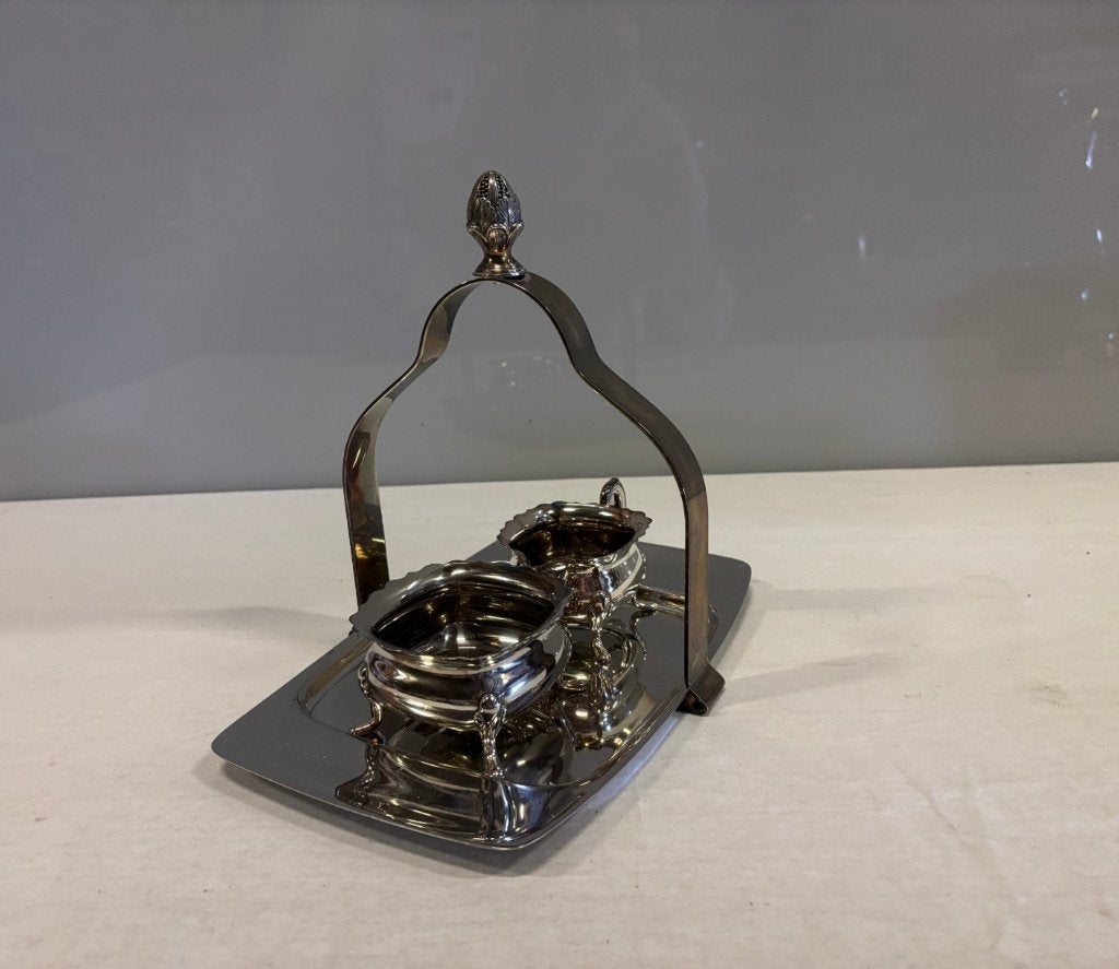 Vintage verzilverd roomstel op dienblad met hengsel, Gebruikt, Niet bekend (tweedehands product), Onbekend (tweedehands product)