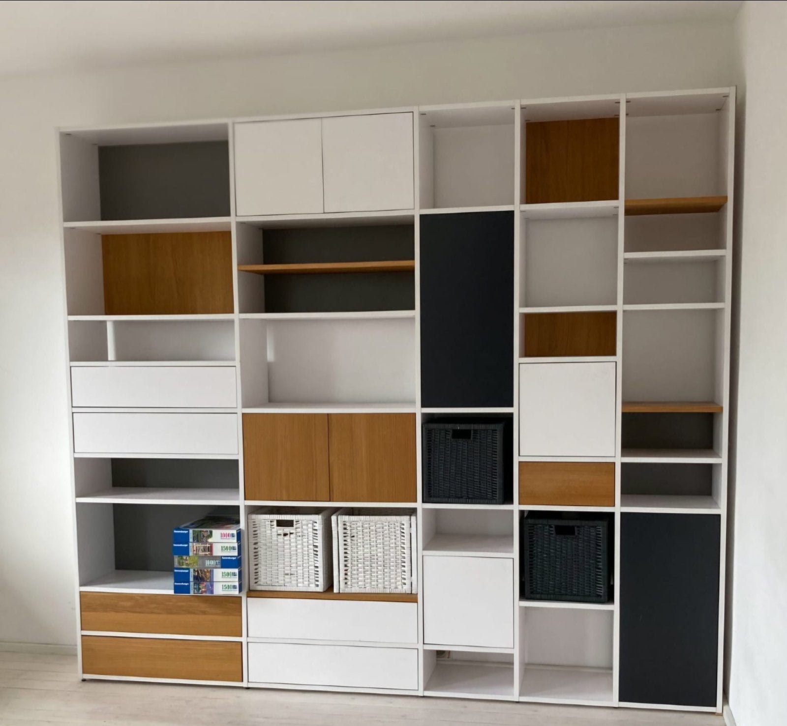 Modulaire Ikea Kast met Lades en Deuren - Wit/Hout/Zwart, Ophalen, Gebruikt, 200 cm of meer, Met lade(s)
