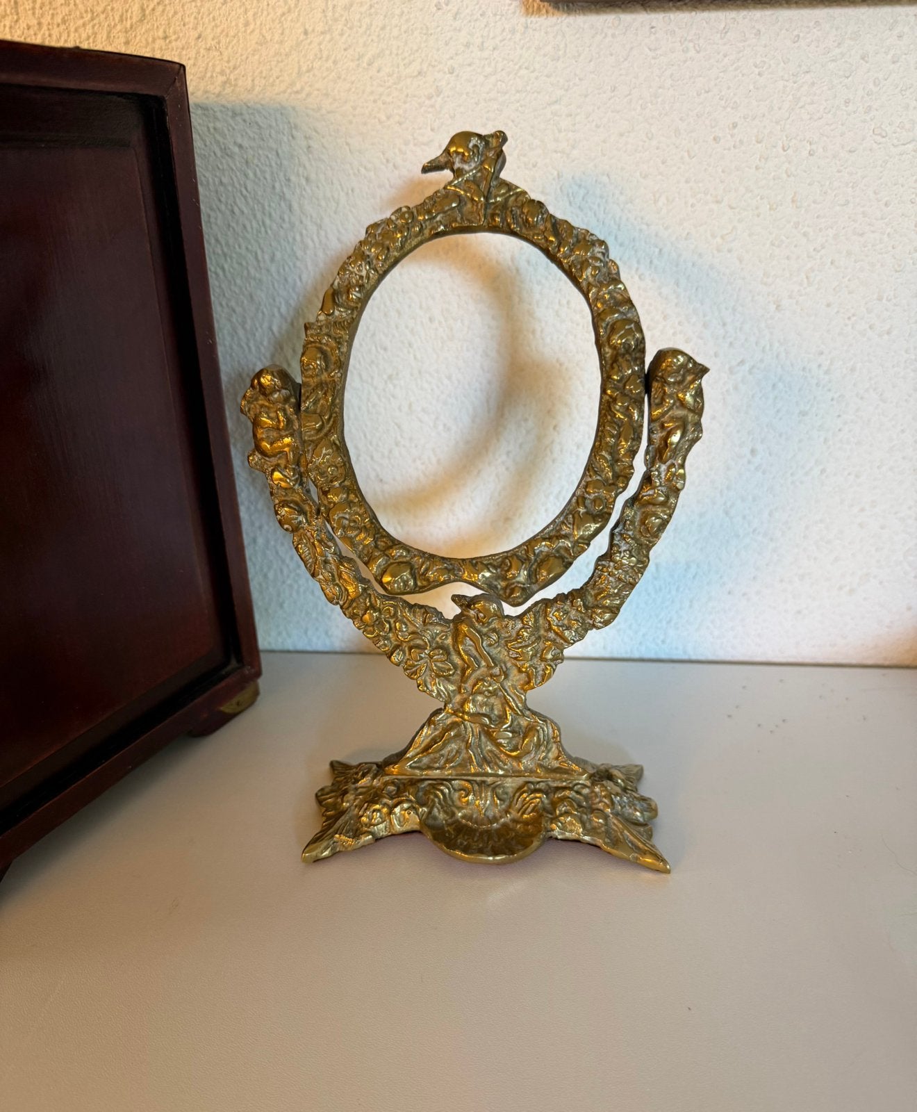 Antieke Bronzen Ovaal Spiegel lijst met  Versiering, Verzenden, Ovaal, Minder dan 50 cm, Minder dan 100 cm