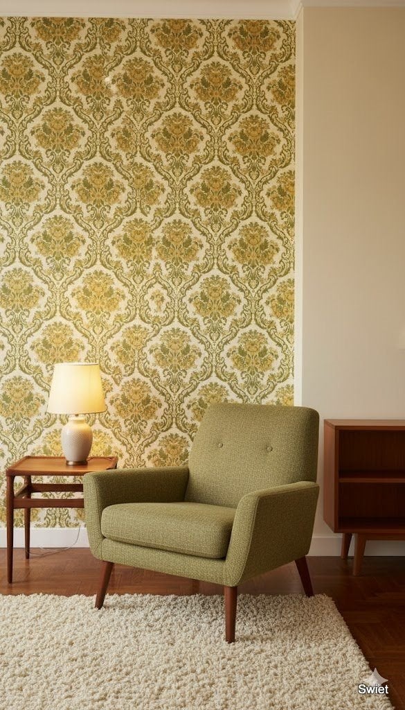 6711 groen oker wallpaper barok vintage behang swiet, Ophalen of Verzenden, Groen