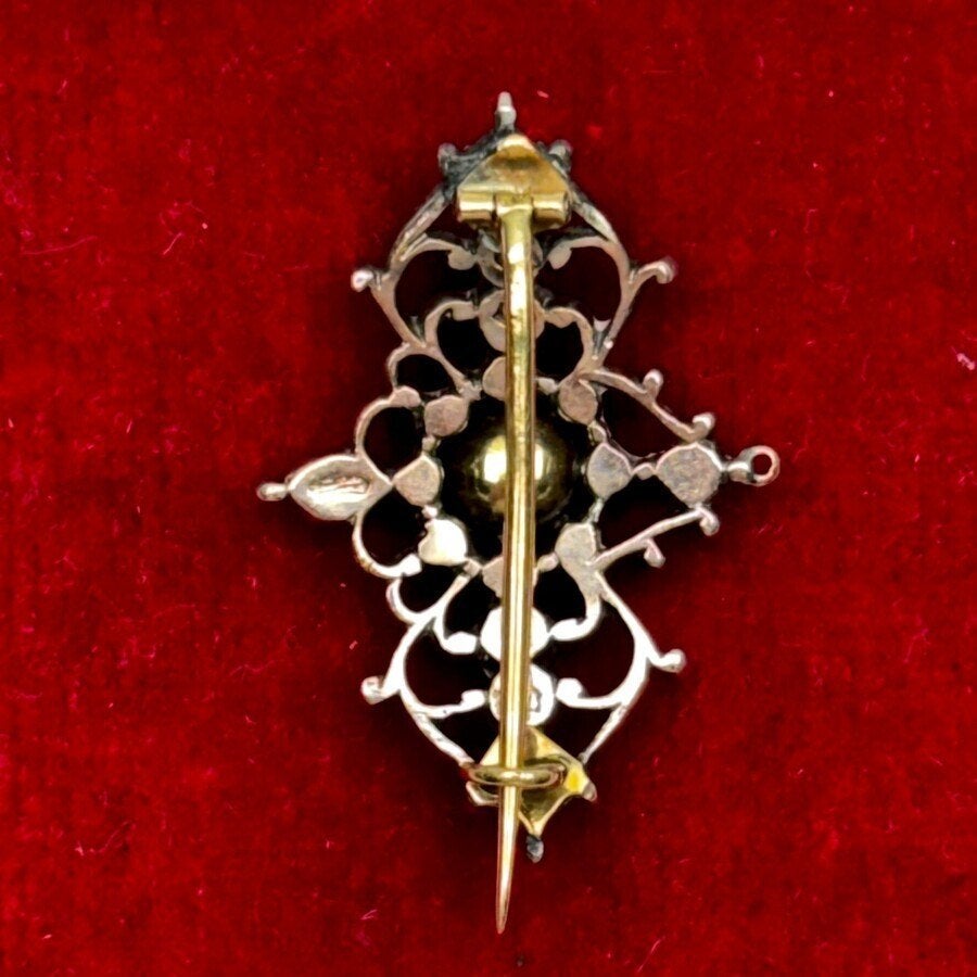 Antieke 19e eeuwse broche roosgeslepen diamant gouden speld, Antiek en Kunst, Ophalen of Verzenden