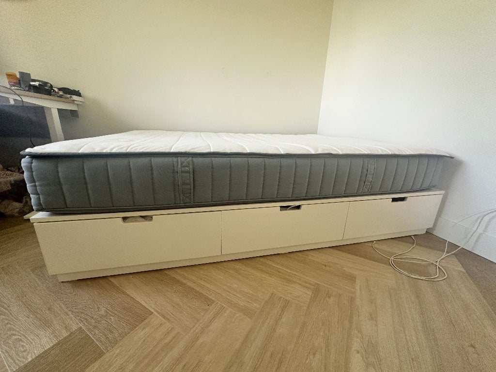 IKEA Nordli bed met 6 lades + Matras, Ophalen, 90 cm, Wit, Tweepersoons