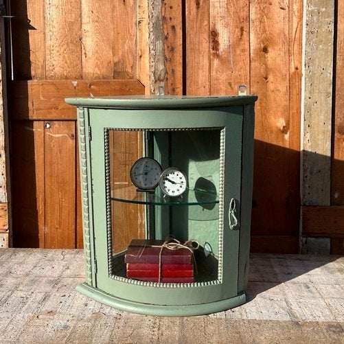 Vitrine kastje groen sier hoek pronk kast 52 cm hoog, Ophalen, Minder dan 50 cm, Eikenhout, Brocante, landelijk
