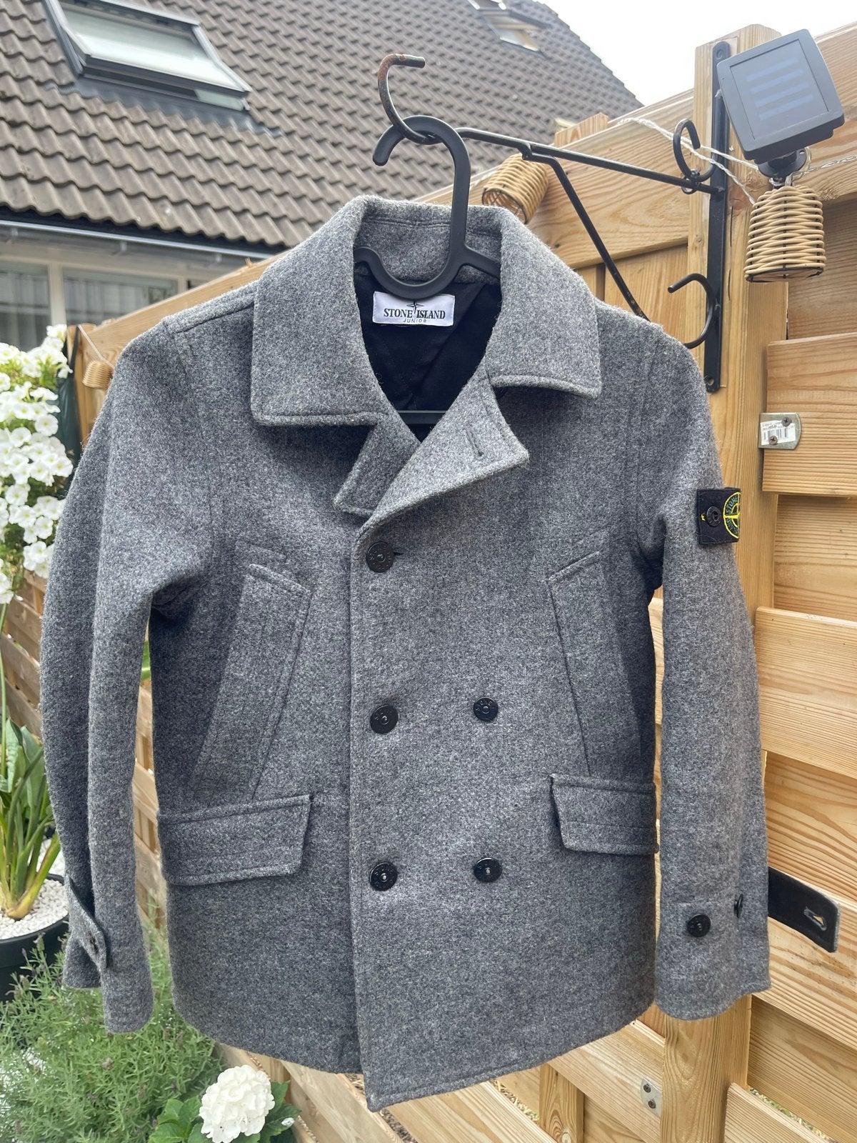 Stone Island Junior wollen jas, grijs, maat 128 (8 jaar), Kinderen en Baby's, Kinderkleding | Maat 128, Ophalen of Verzenden, Zo goed als nieuw
