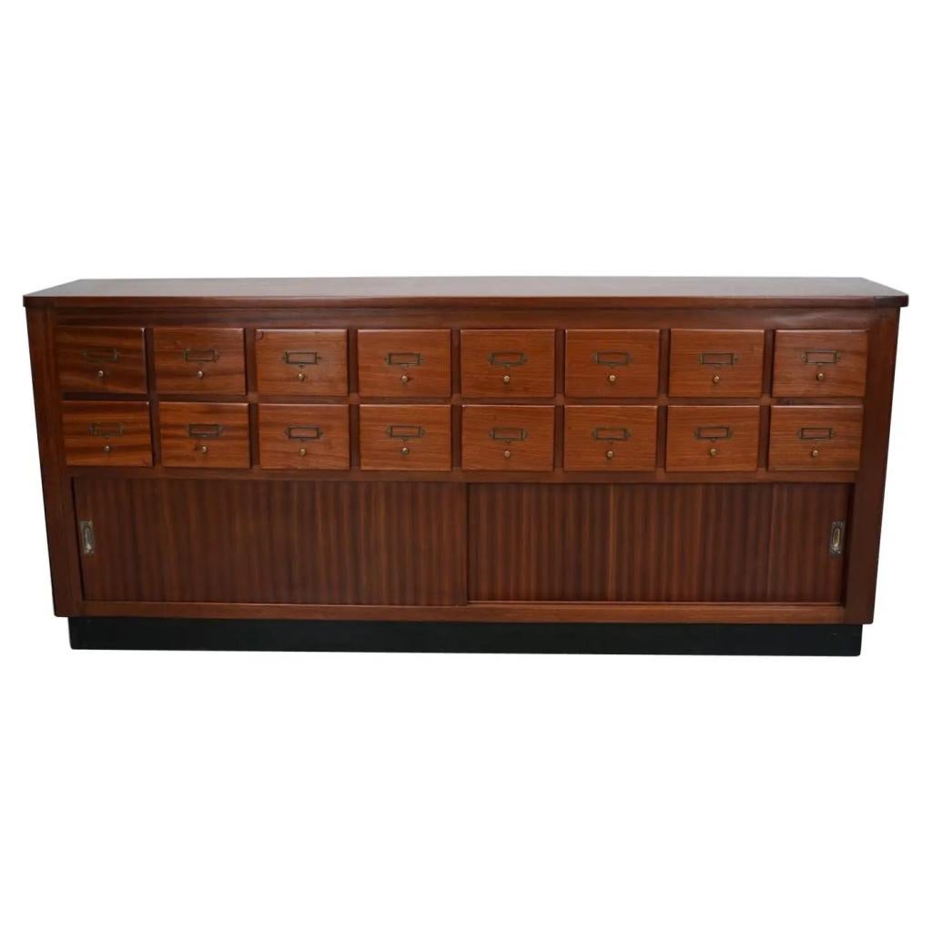 Vintage mid-century Nederlandse hardhouten winkelkast / apot, Gebruikt, Vintage apothekerskast winkelkast, Niet ingevuld, 200 cm of meer