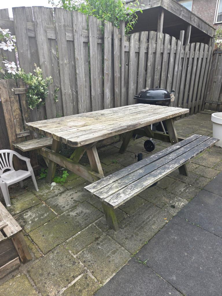 Oude picknicktafel gratis op te halen, Ophalen of Verzenden, Gebruikt, Rechthoekig, Hout