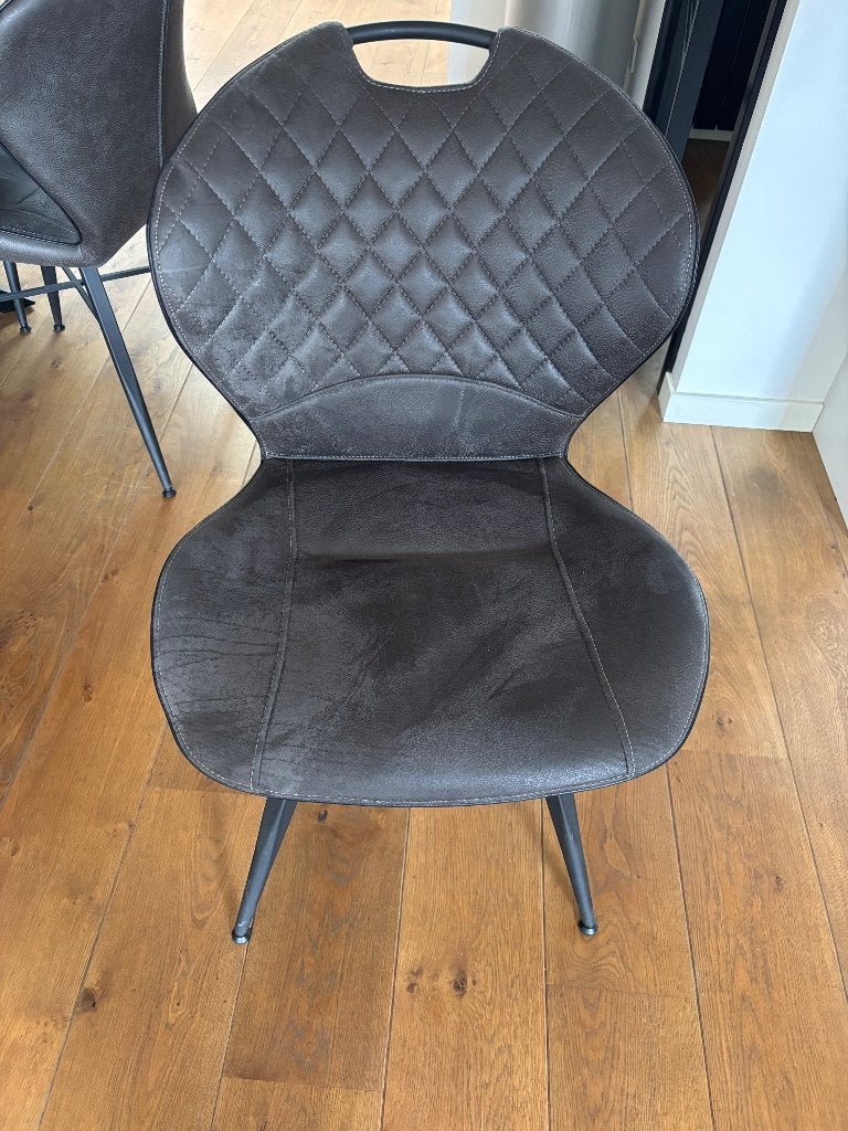 Eetkamer Stoelen zes stuks, Huis en Inrichting, Stoelen, Ophalen, Leer, Zo goed als nieuw, Grijs