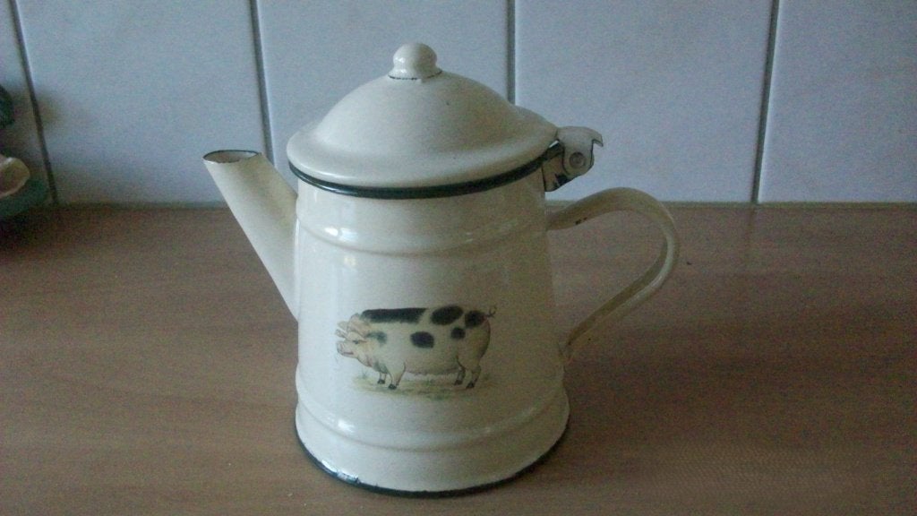 Emaille koffiepotje met varken., Beige, Ophalen of Verzenden, Metaal, Overige merken