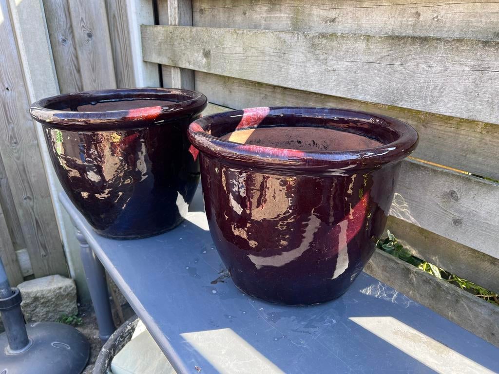 2 geglazuurde bloempotten, Tuin en Terras, Bloempotten, Rond, Zo goed als nieuw, Minder dan 40 cm, Ophalen
