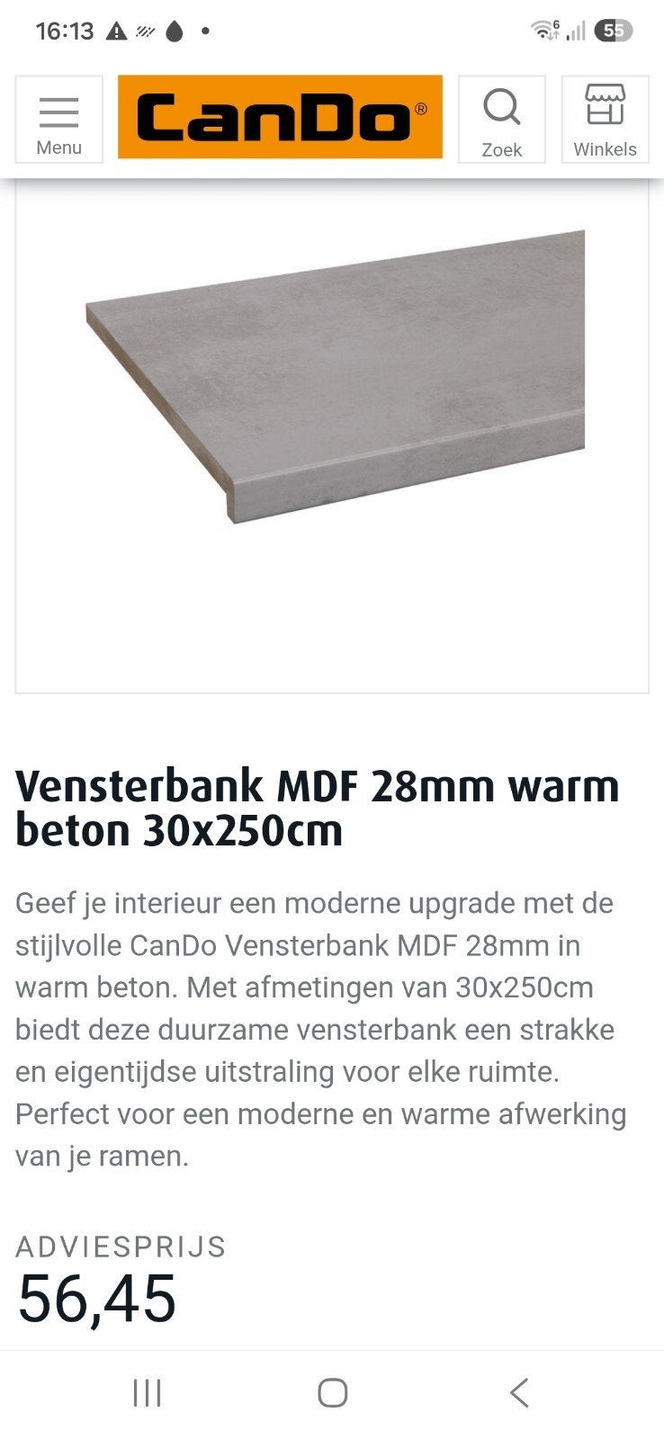 Cando vensterbank MDF 28mm warm beton 30x250cm, Ophalen, Nieuw