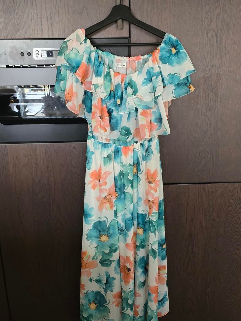 Off-shoulder zomerjurk bloemenprint koraal turquoise, Maat 38/40 (M), Overige kleuren, Ophalen of Verzenden, Knielengte