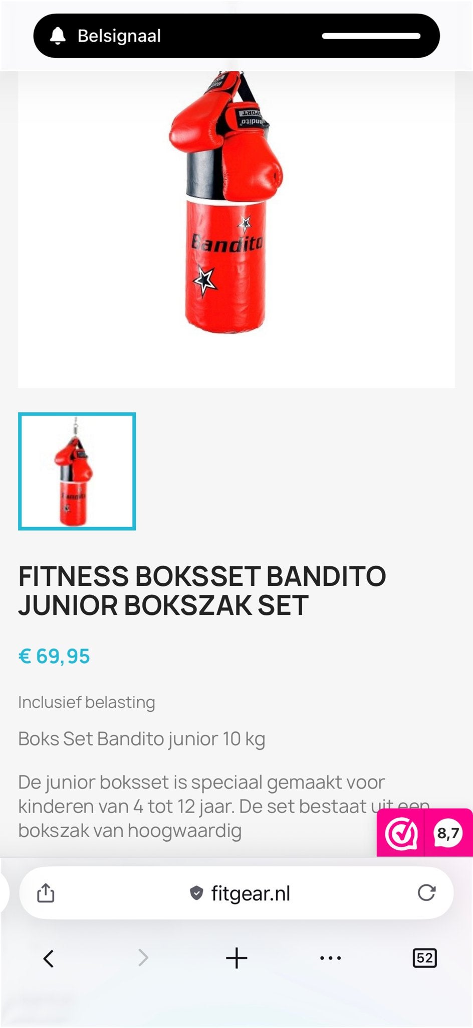 Bandito Boksset Junior - Bokszak en Bokshandschoenen, Ophalen, Zo goed als nieuw, Bokszak