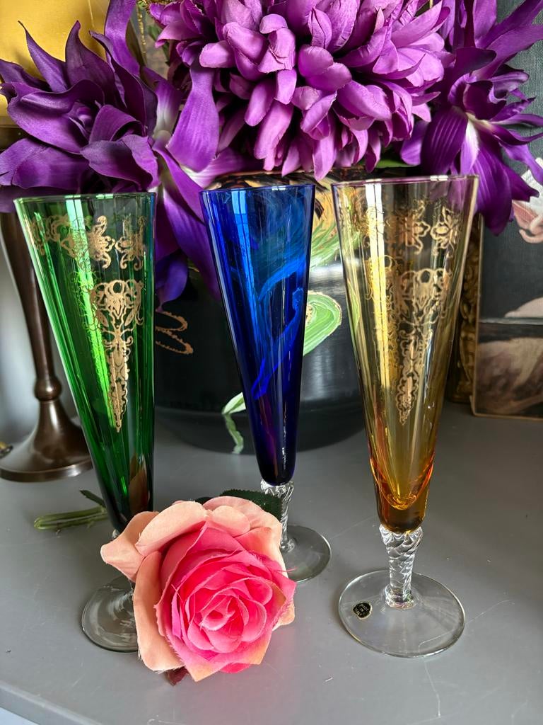 Set van 3 Murano glazen met vergulde decoratie, Antiek en Kunst, Antiek | Glas en Kristal, Ophalen of Verzenden