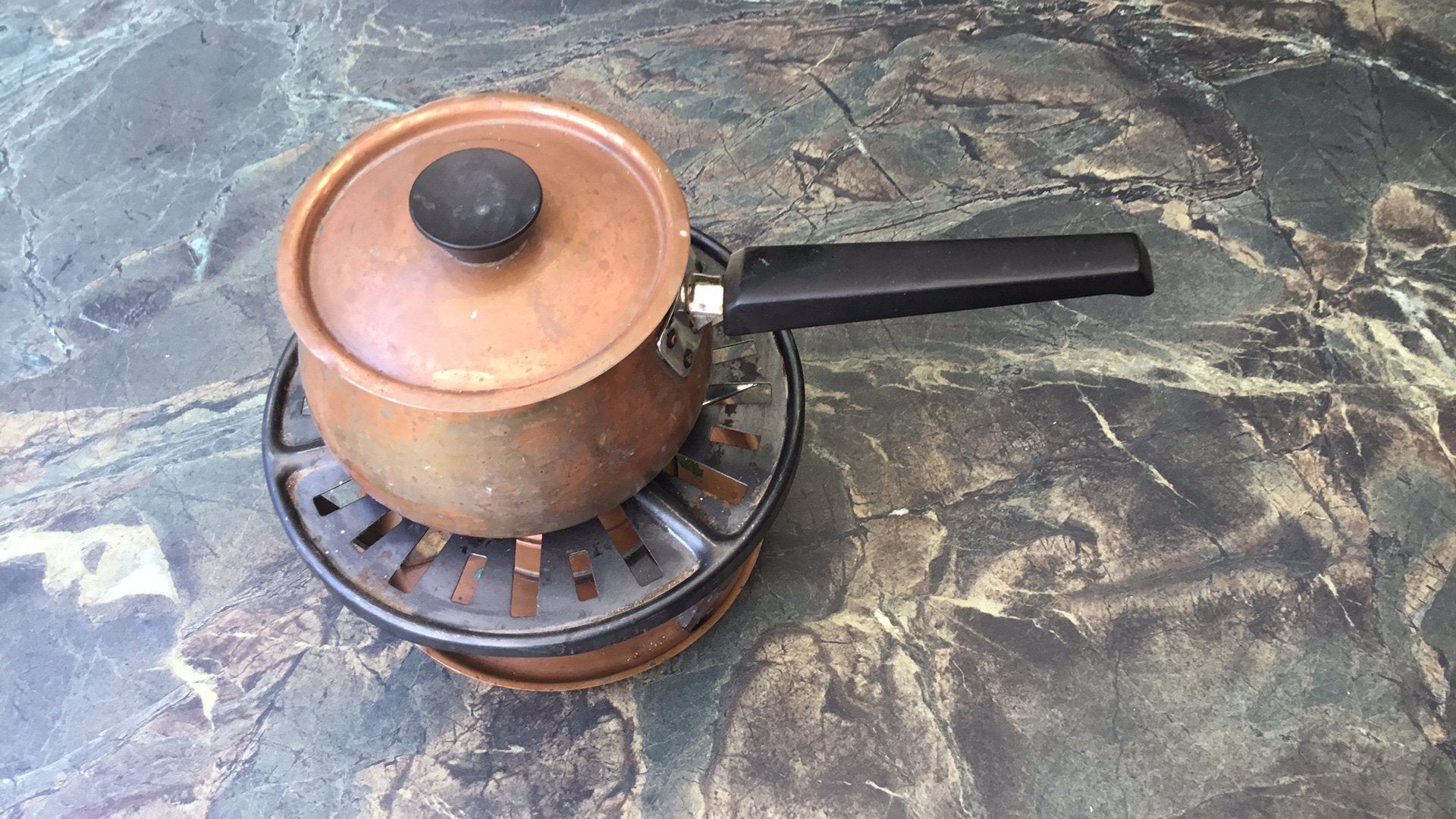 Vintage koperen fondue set, Ophalen of Verzenden, Gebruikt, Overige materialen, Overige typen