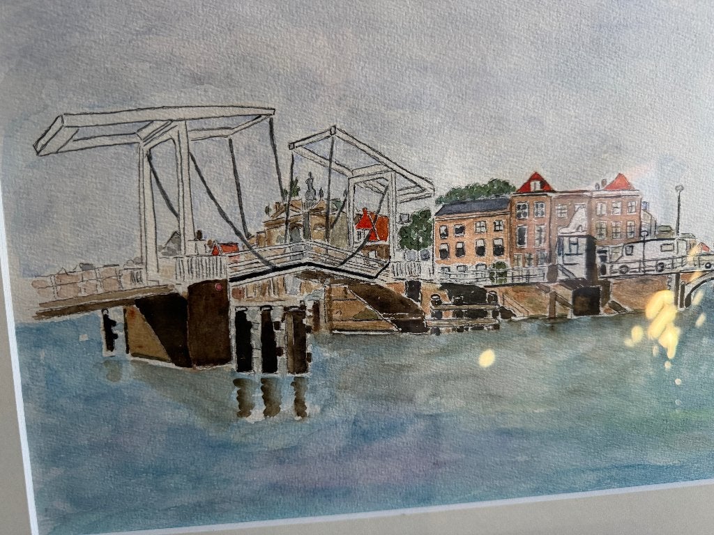 Aquarel van het Spaarne te Haarlem, 46 cm, Ophalen of Verzenden, Gesigneerd, 66 cm
