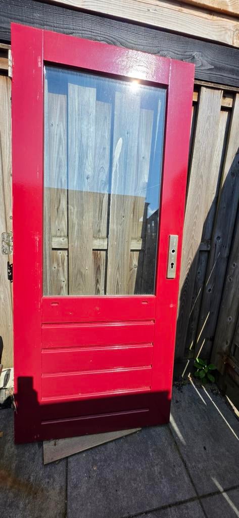Grijze/Rode buitendeur met glas, Ophalen, Gebruikt, 200 tot 215 cm, Glas