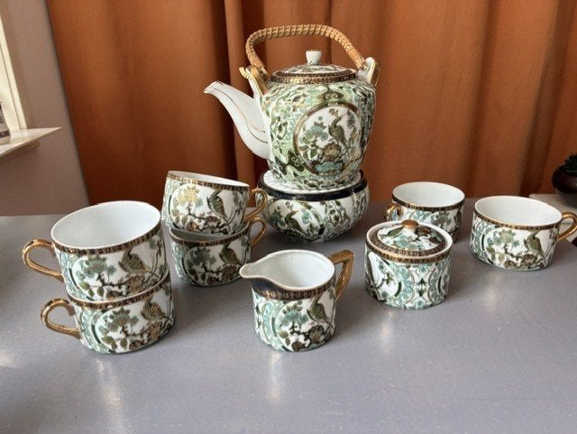 Vintage Japans theeservies met vogel- en bloemmotief, Antiek en Kunst, Ophalen