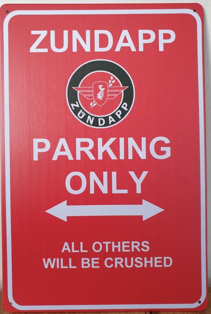 Zundapp parking only logo rood reclamebord van metaal deco
