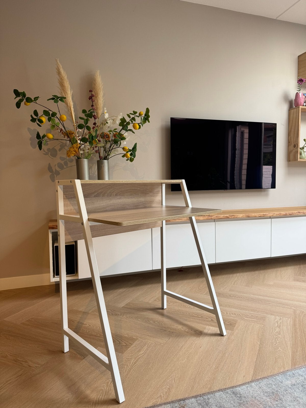 Modern bureau / computertafel - Hout en metaal, Ophalen, Opbergruimte, 51 cm, Hout
