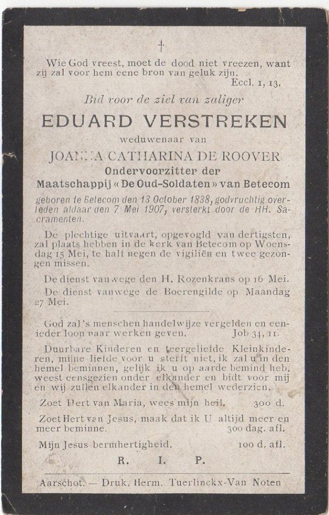Eduard Verstreken 1838 Betecom + 1907 Betecom, 68 jaar, Ophalen of Verzenden