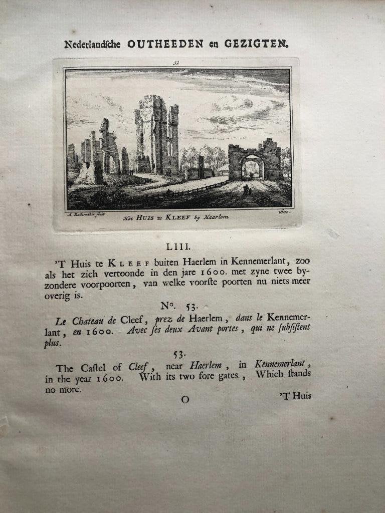 053 / Haarlem Huis te Kleef Kopergravure 1731, Antiek en Kunst, Ophalen of Verzenden