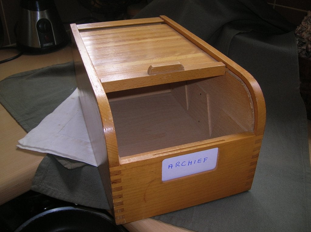houten archiefbak met rolluik deksel, Ophalen of Verzenden