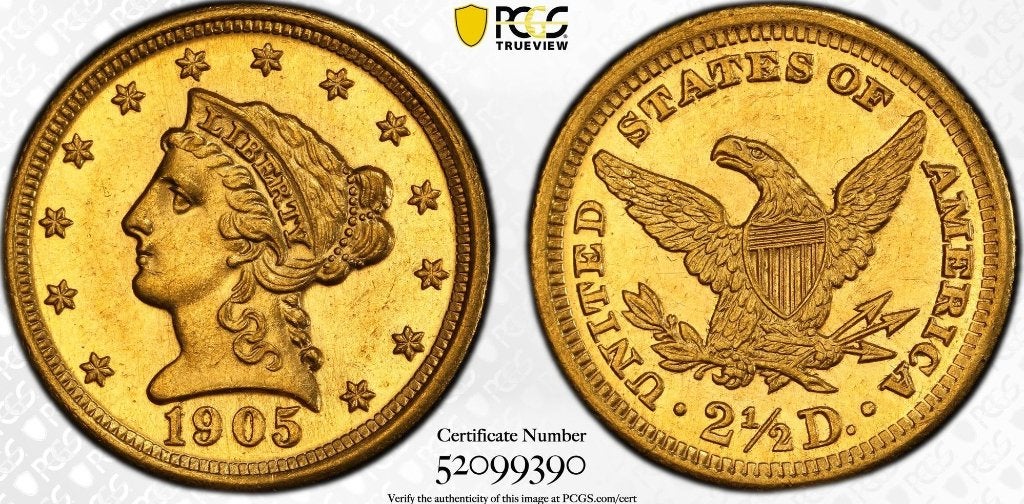 Gouden 2,5 dollar 1905 PCGS MS63 Quarter Eagle, Ophalen, Noord-Amerika, Losse munt, Goud
