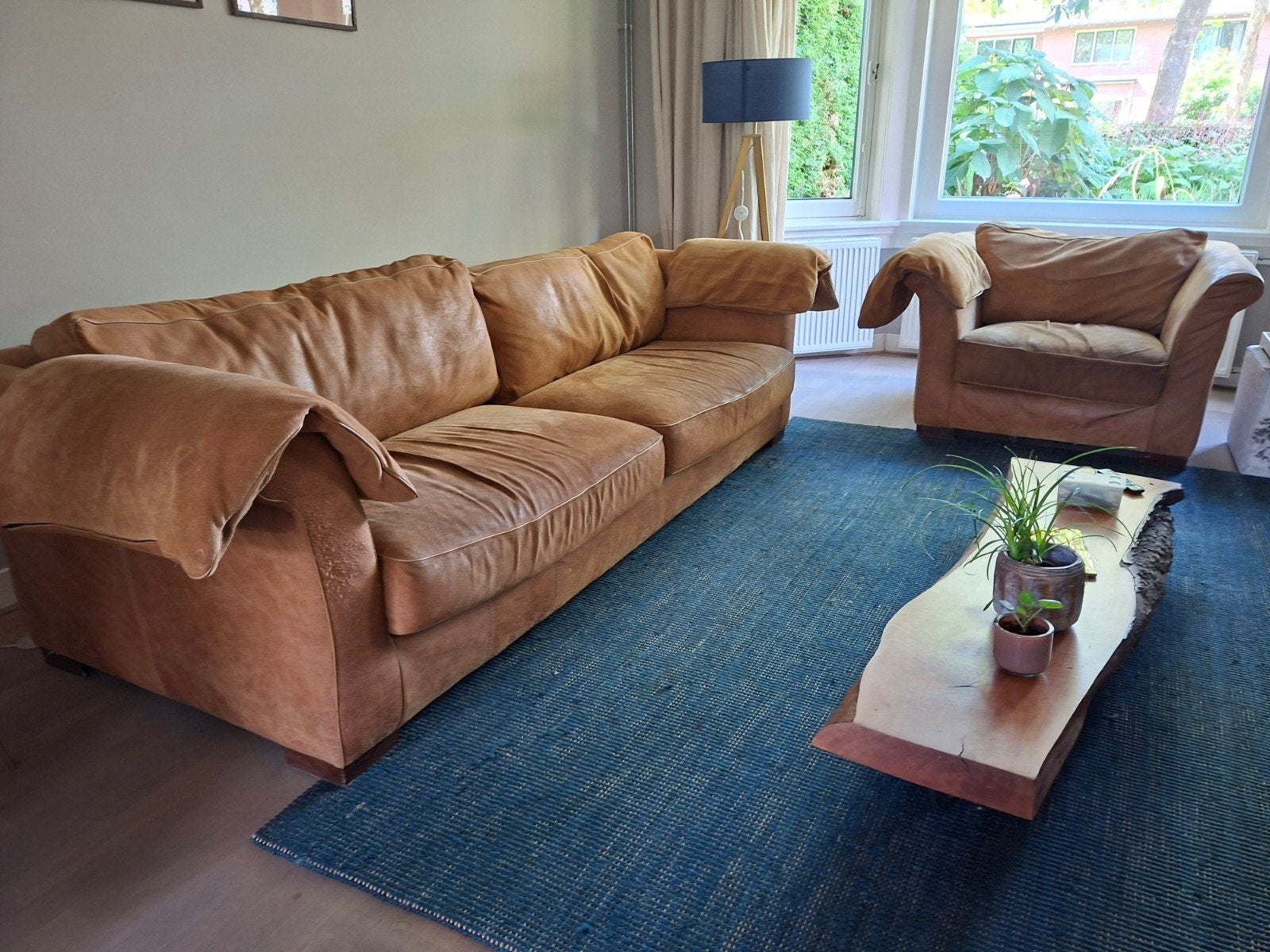 Lange bank en loveseat van cognackleurig pilotenleer, Ophalen, 250 tot 300 cm, Gebruikt, 100 tot 125 cm