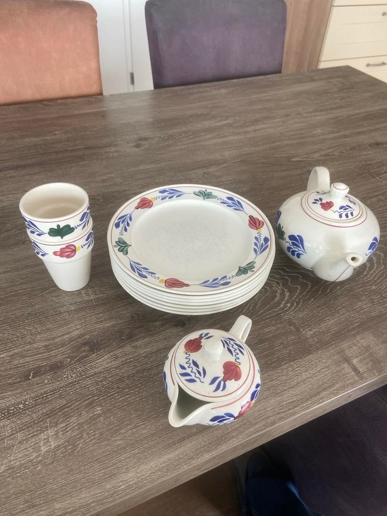 Boerenbont servies: borden, theepotje, melkkannetje, bekers, Ophalen, Keramiek, Zo goed als nieuw, Bord(en)