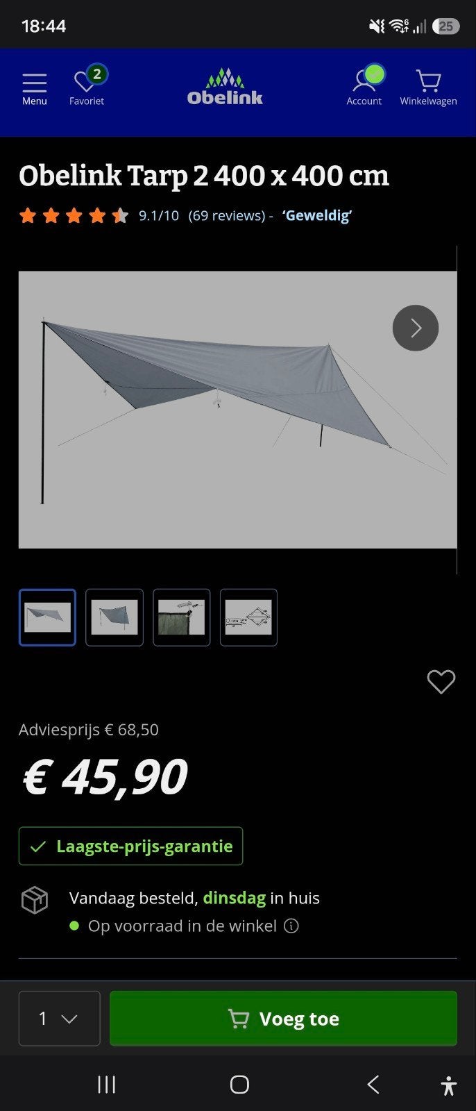 Obelink Tarp 2 400 x 400 cm - Nieuw, Caravans en Kamperen, Tentaccessoires, Nieuw, Ophalen of Verzenden