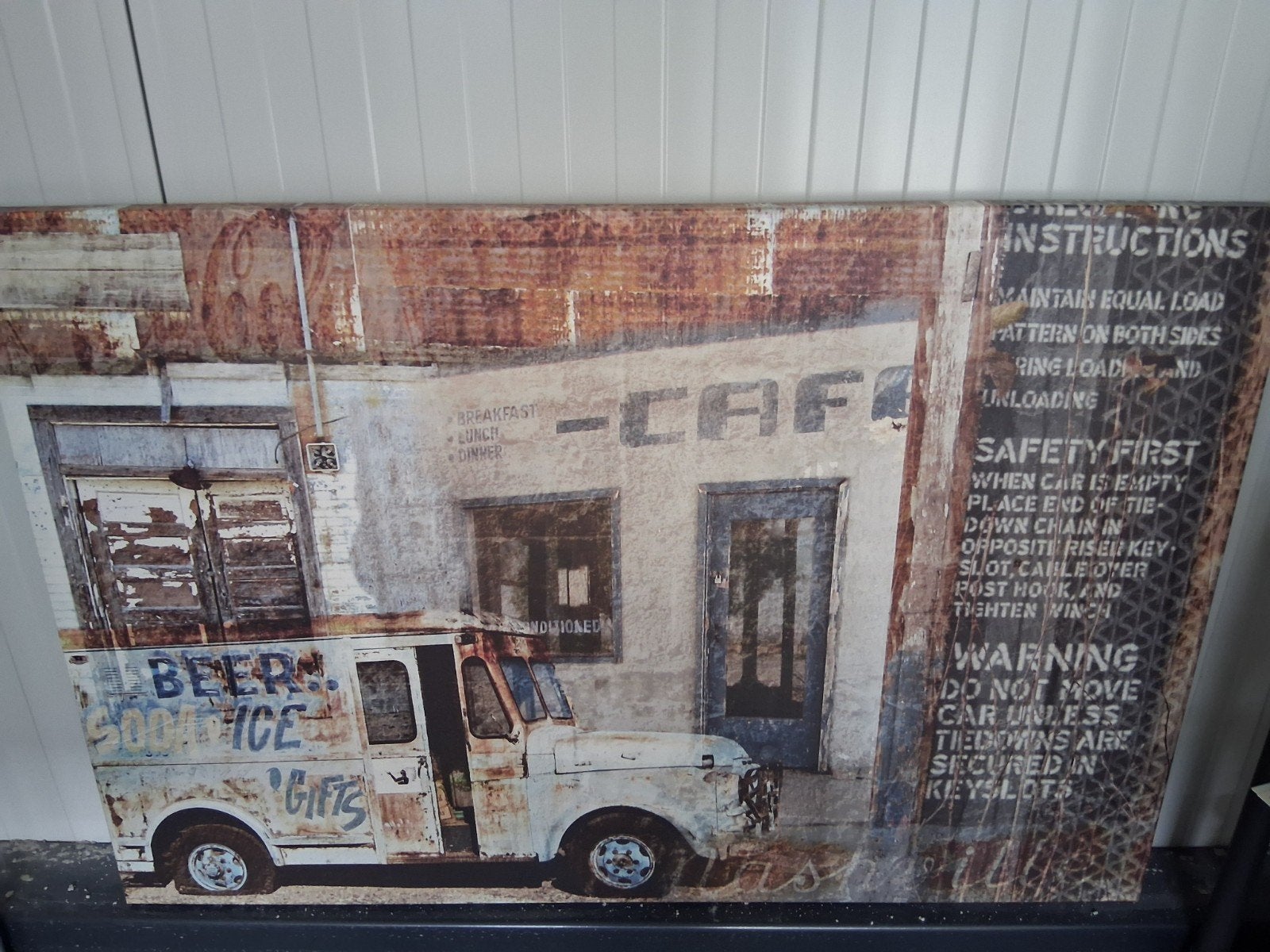 Vintage Café en Bestelwagen Canvas Schilderij, Ophalen, Op houten frame, Print, Stadsgezicht