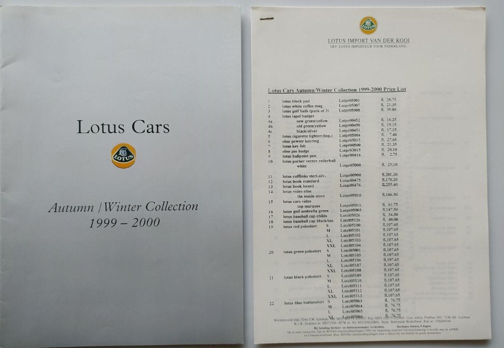 Lotus Cars 1999-2000 Brochure Folder Prijslijst, Ophalen of Verzenden, Zo goed als nieuw, Overige merken