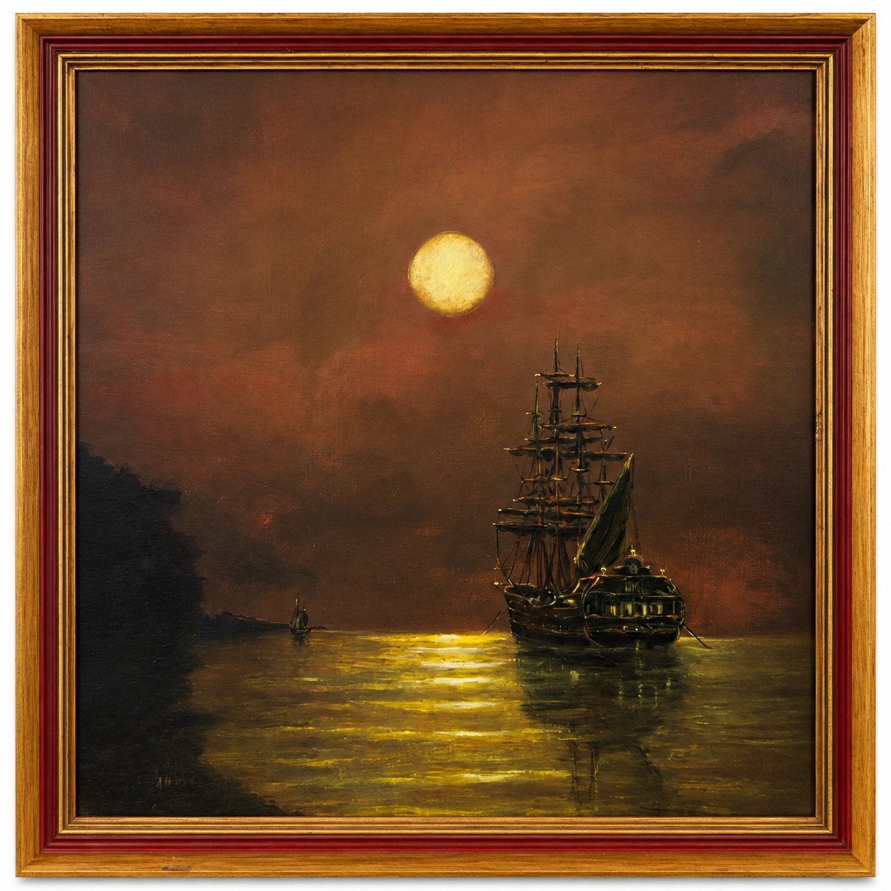 Schilderij van een schip op zee bij zonsondergang, Antiek en Kunst, Maritiem / water, Doek, Realistisch, Ophalen of Verzenden
