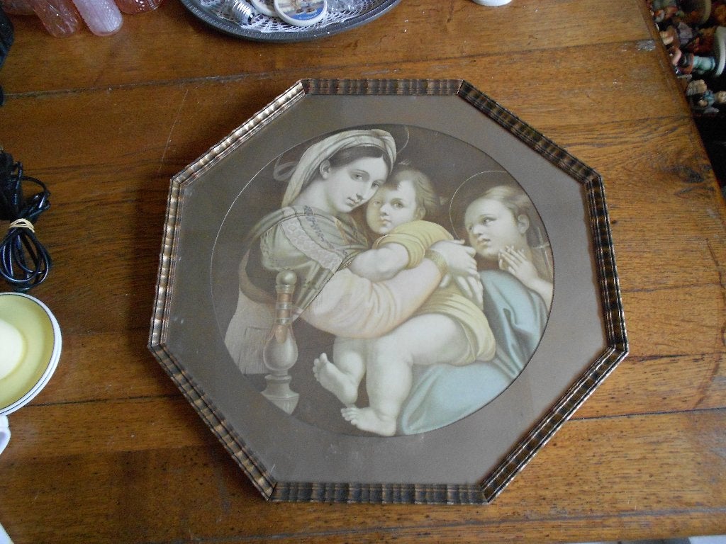 Prachtig brocant oude prent maria met kind en johannes, Antiek en Kunst, Antiek | Religie, Ophalen