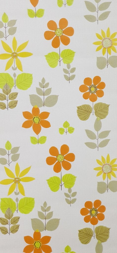 13646 Groovy bloemen behang jaren 70 oranje print swiet, Ophalen of Verzenden, Groen