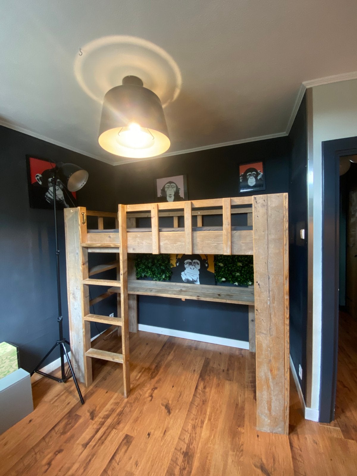 Stoere steiger houten hoogslaper met bureau, Ophalen, Gebruikt, Eenpersoons, 90 cm