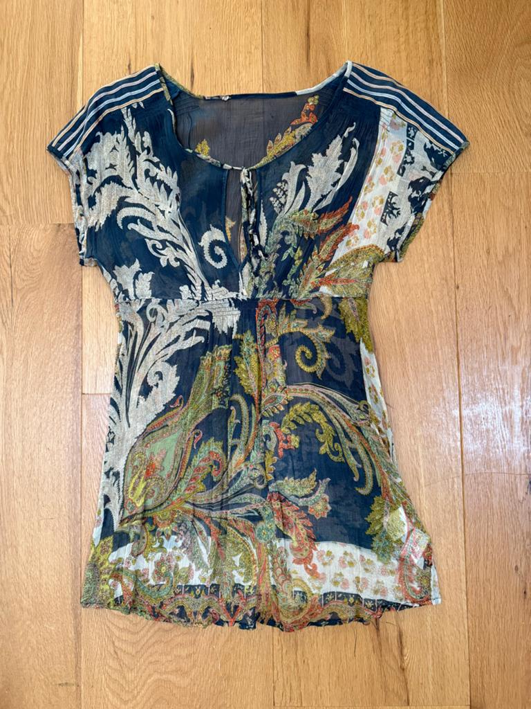 Zijden meerkleurige top/blouse, maat 38-40, Ophalen of Verzenden, Zo goed als nieuw, Maat 38/40 (M), Blauw