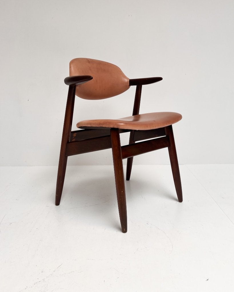Bruinkleurige lederen cowhorn chair, 1970’s, Gebruikt, Minder dan 75 cm, Vintage, Ophalen of Verzenden