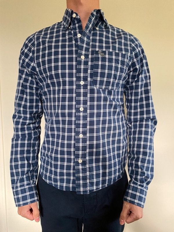 Geruit heren overhemd maat S donkerblauw Abercrombie & Fitch, Blauw, Halswijdte 38 (S) of kleiner, Ophalen of Verzenden, Zo goed als nieuw