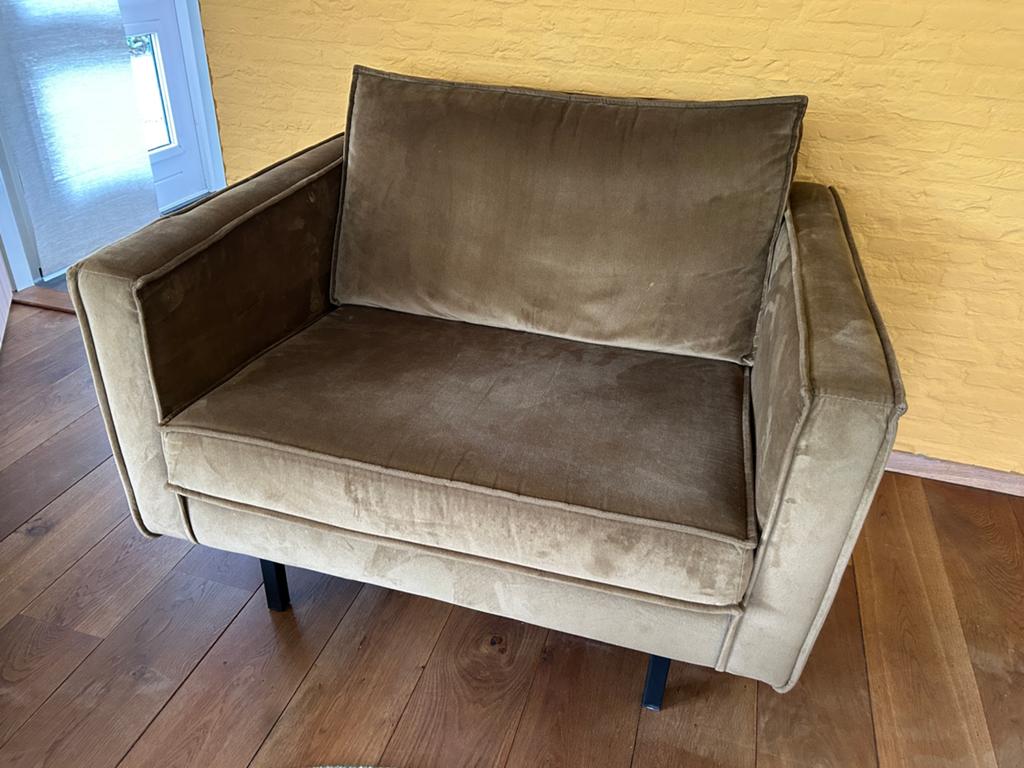Mooie en vlekvrije love seat, groenig velours, Ophalen, Tweepersoons, 75 tot 100 cm, Zo goed als nieuw