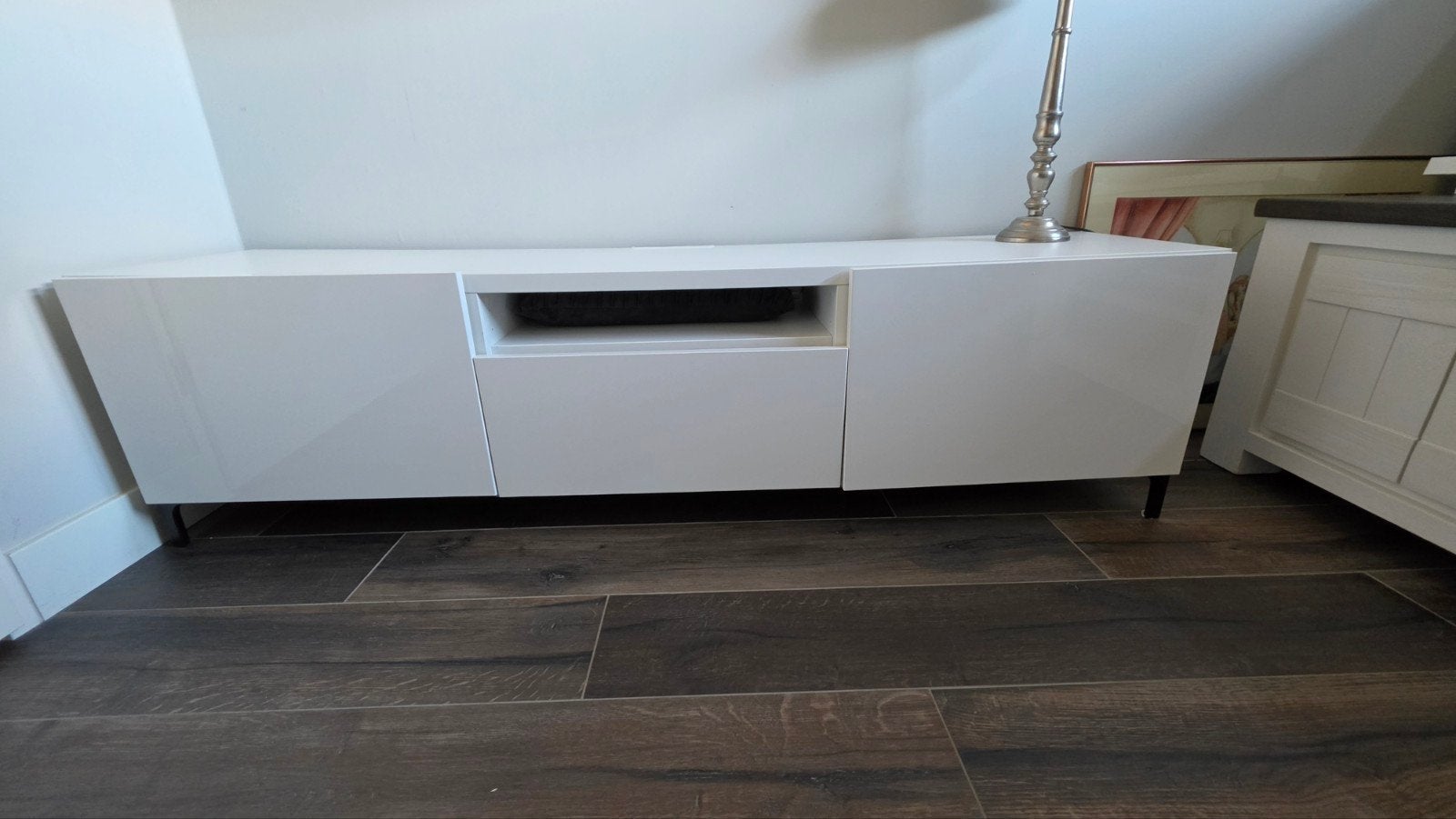 Witte TV-meubel met lade en opbergruimte, Ophalen, Gebruikt, 150 tot 200 cm, Minder dan 100 cm