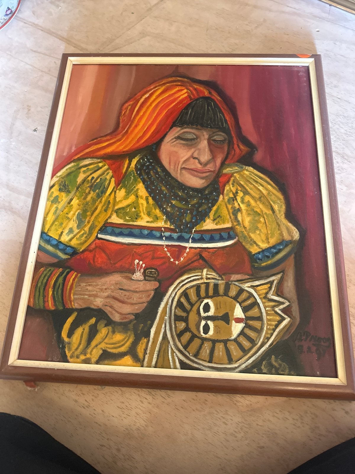 Vintage Schilderij: Indiaanse Vrouw met Masker, Ophalen of Verzenden