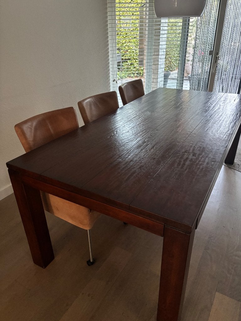 Donker houten Eettafel met zes leren stoelen ( cognackleur ), Ophalen, Gebruikt, 200 cm of meer, 50 tot 100 cm