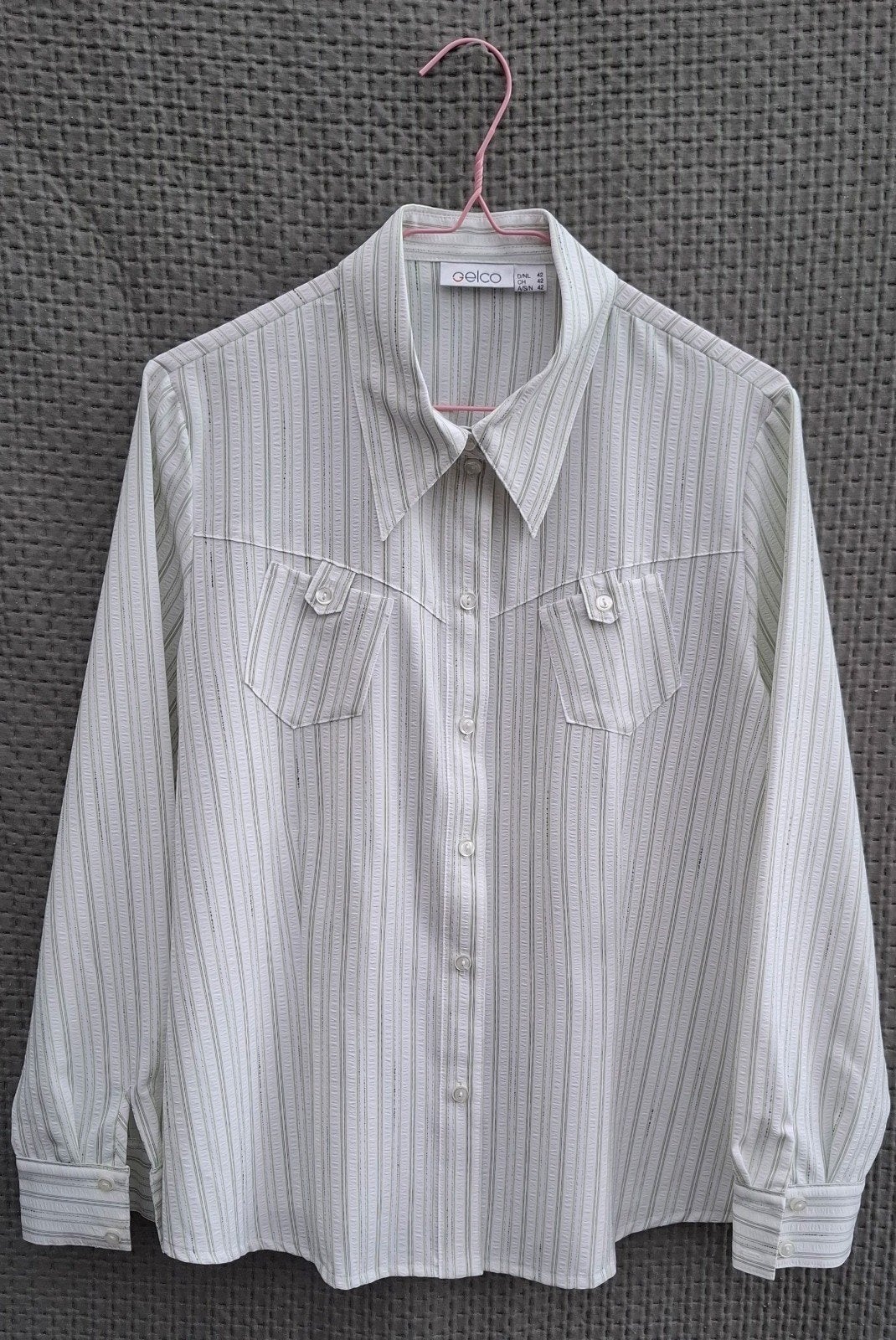 Vintage blouse, maat 42/XL - wit + groen gestreept - 90's, Gelco, Wit, Maat 42/44 (L), Onbekend