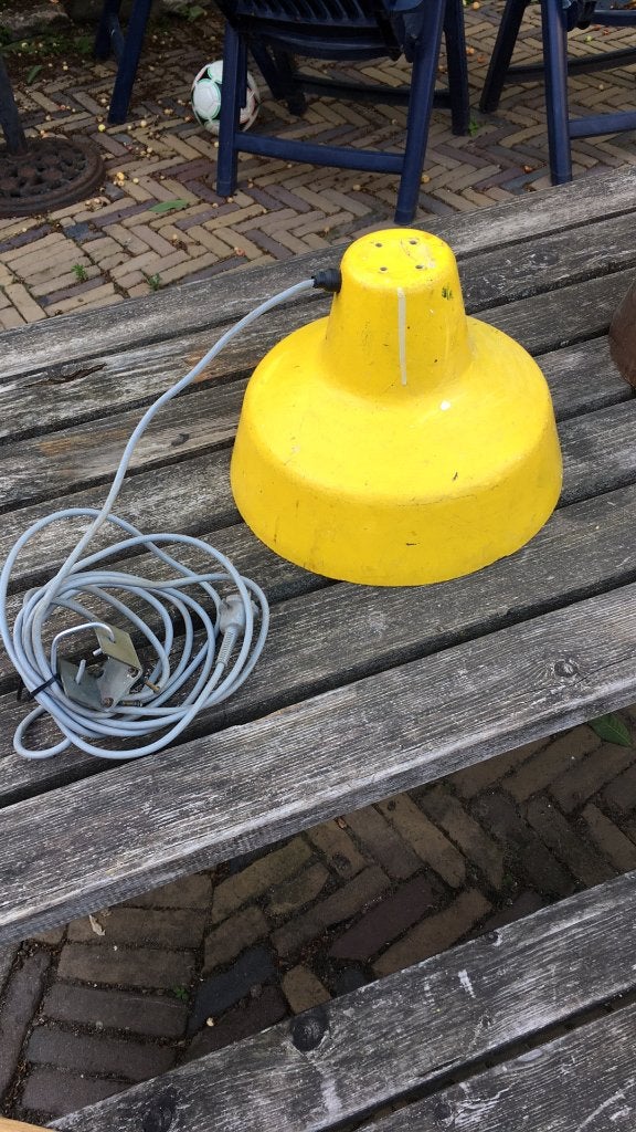 2x Vintage warmtelampen / kuikenlampen (geel en bruin), Gebruikt, Vintage, Industrieel, Metaal, E27 (groot)