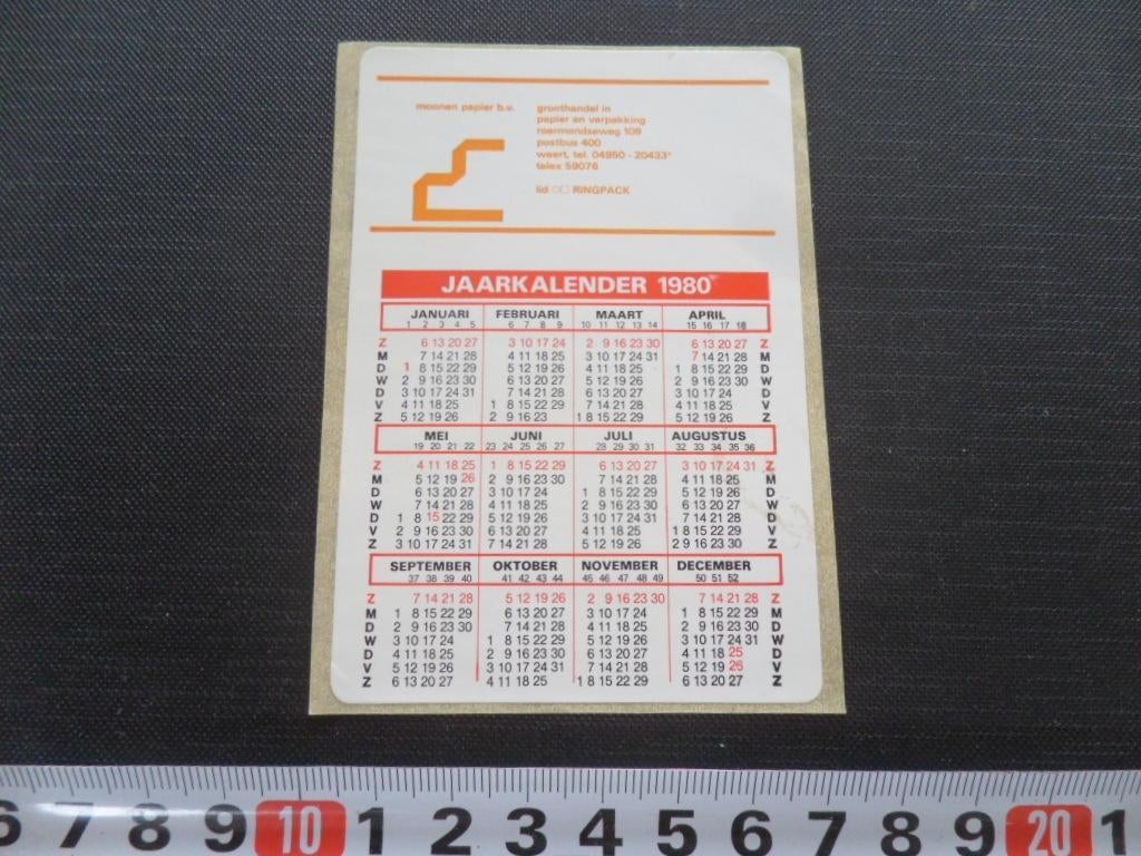 sticker Kalender 1980 Weerst MOONEN PAPIER Roermondseweg, Ophalen, Zo goed als nieuw