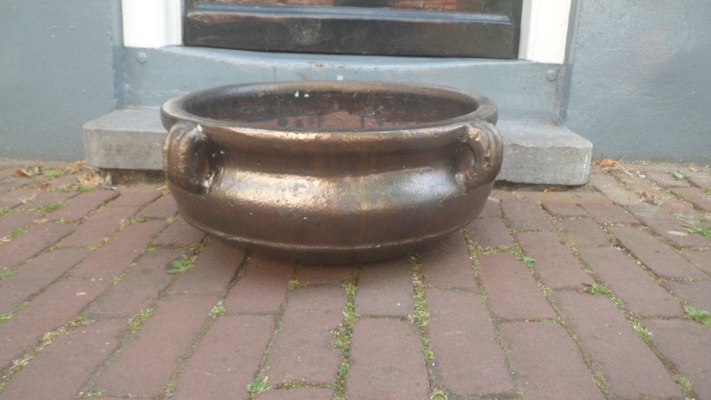 Keramieken pot schaal bloempot drinkschaal bruin glazuur, Tuin en Terras, Ophalen, 40 cm of meer, Rond, Zo goed als nieuw