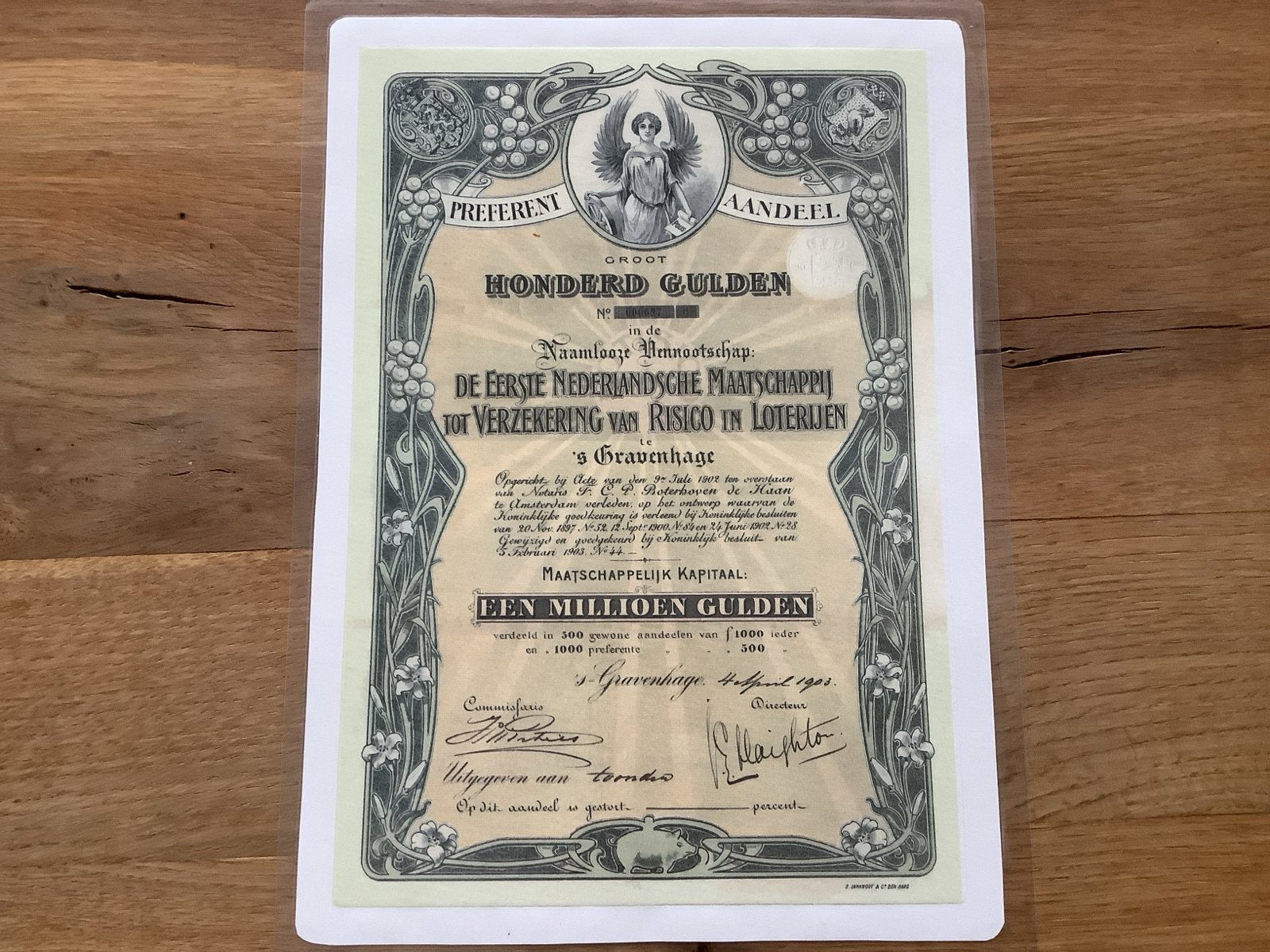 Oud aandeel Eerste Ned. Mij. Verzekering Risico en Loterijen, Ophalen of Verzenden, Voor 1920, Aandeel