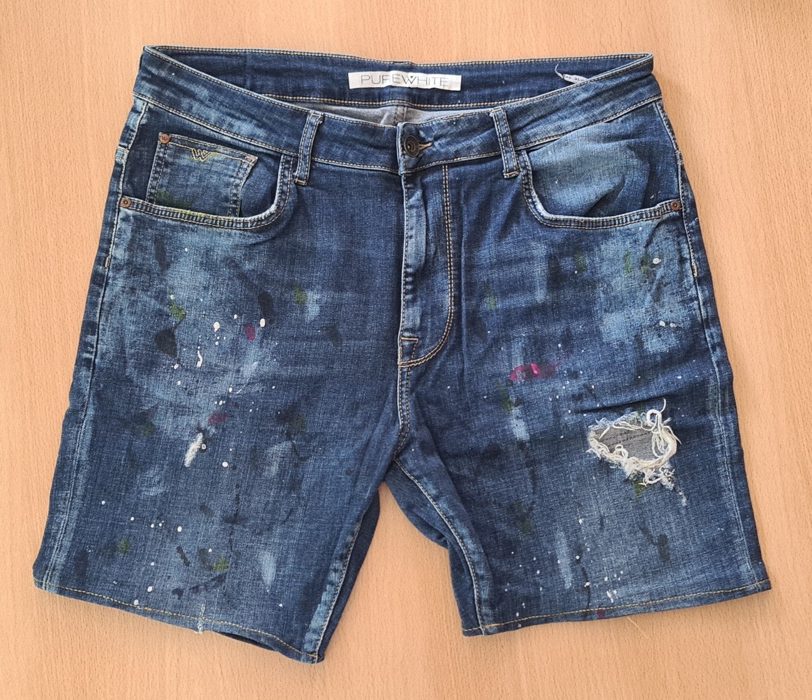 Pure White korte spijkerbroek met verfspatten, Blauw, Overige jeansmaten, Ophalen of Verzenden, Pure White