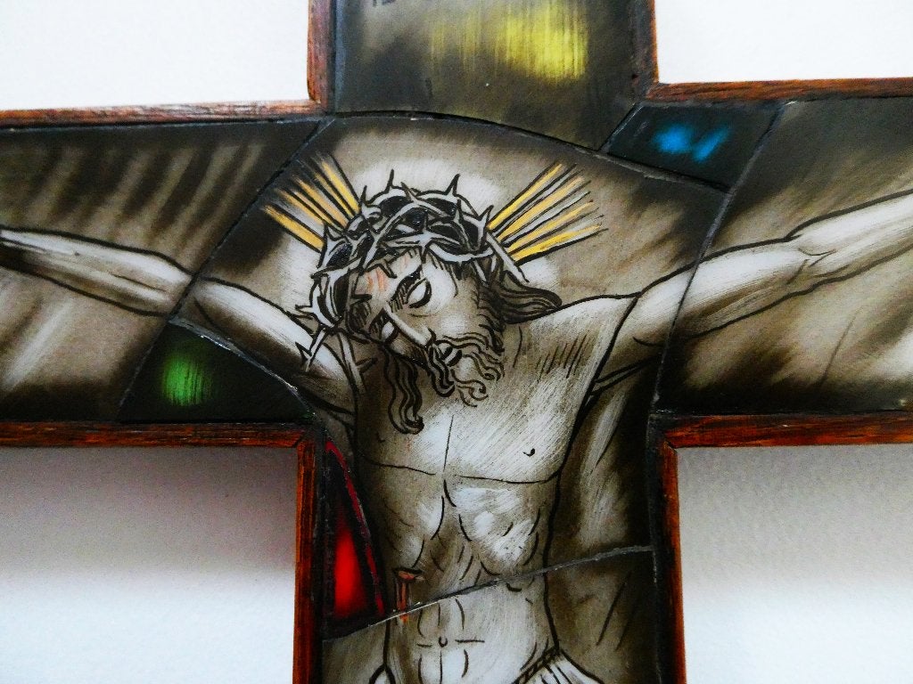 Opaline kruis Corpus Jezus Leon v/d Essen gebrandschilderd, Ophalen of Verzenden
